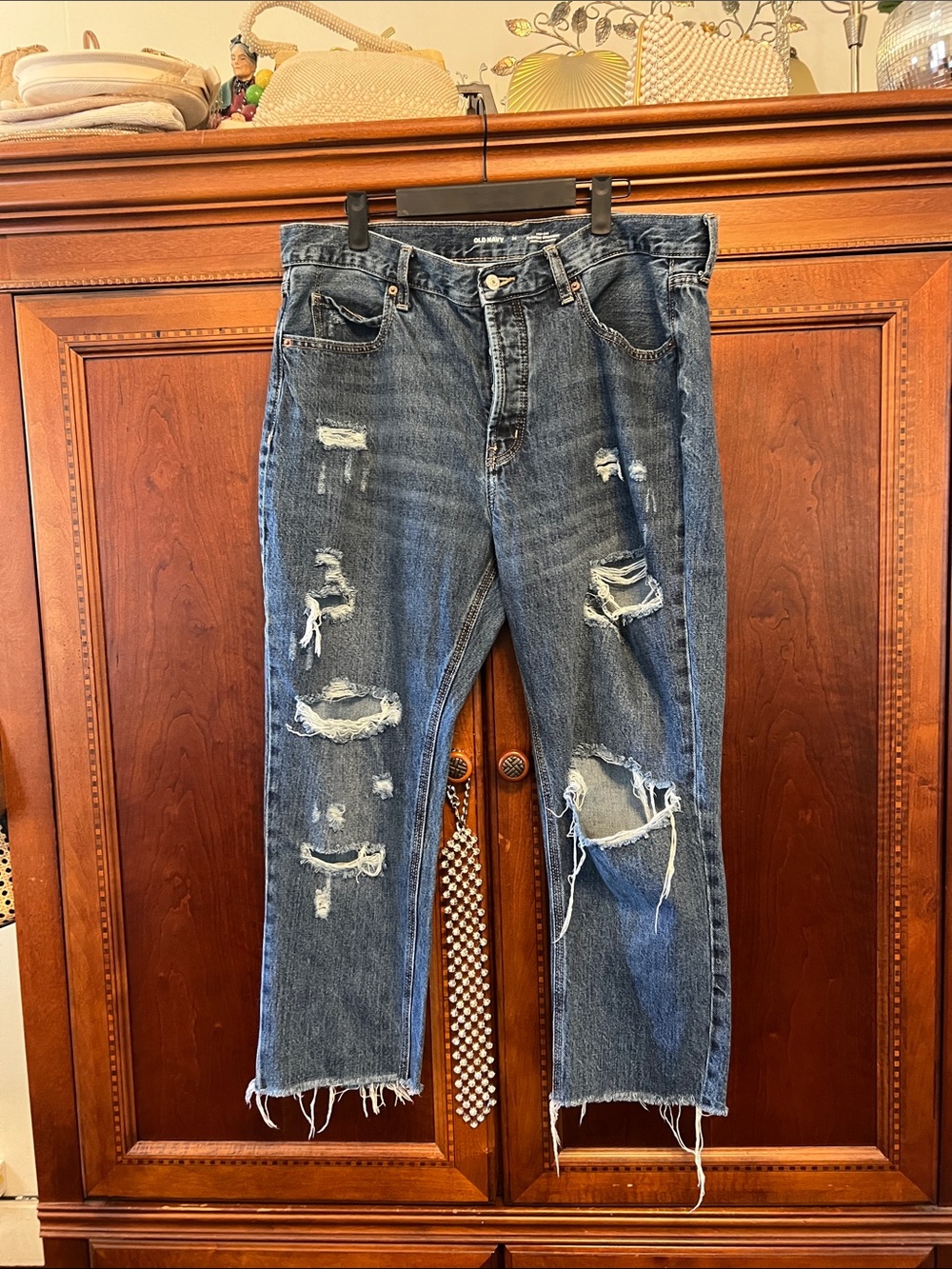 Old Navy Distressed Boyfriend Jeans - Dark Blue Denim - Picture 1 of 5
